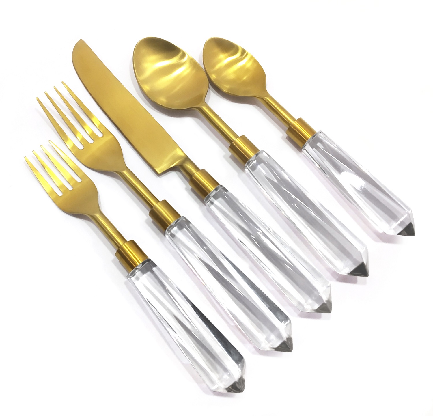 Brushed Gold Flatware set With Clear Lucite Handle