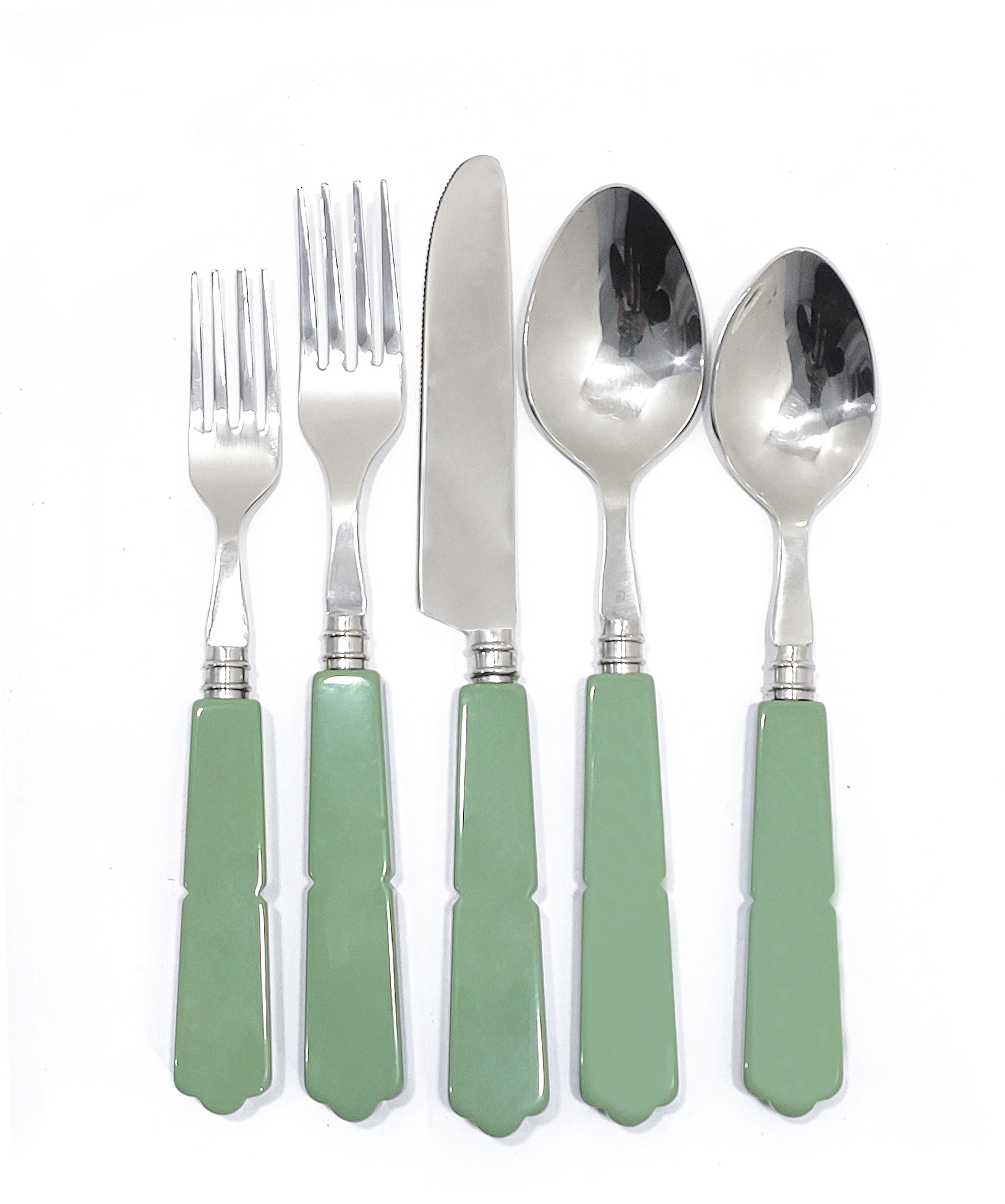 Shiny Silver Flatware Set With Green Handle